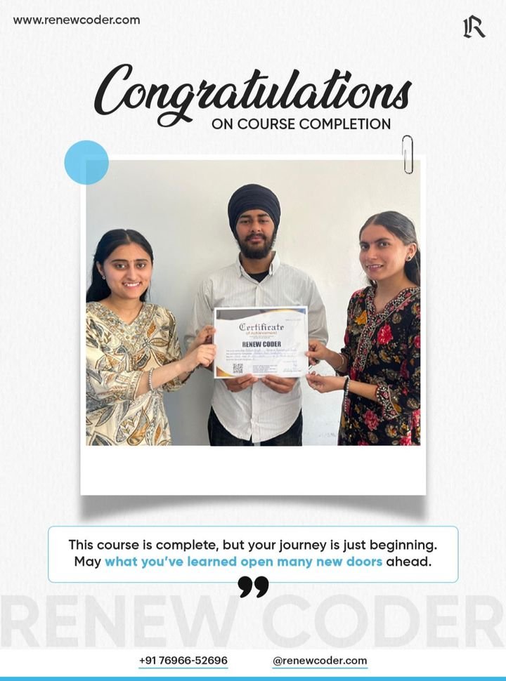Renew Coder student 10 receiving a computer course completion certificate in Batala, Punjab
