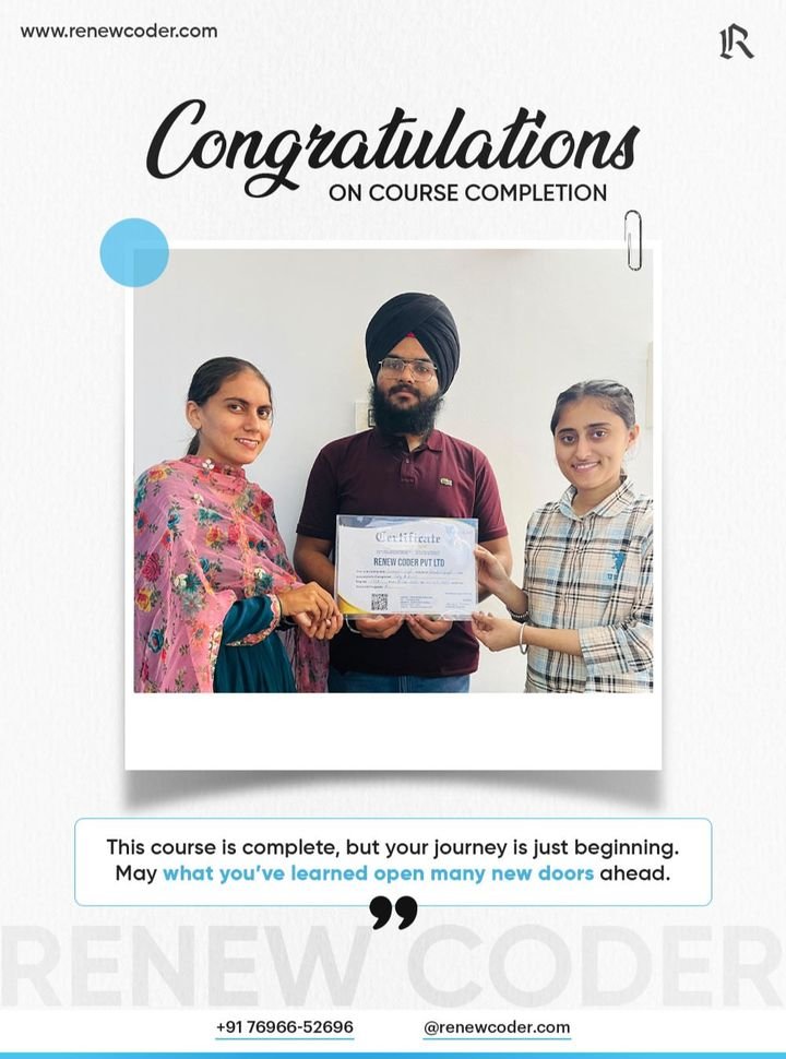 Renew Coder student 12 receiving a computer course completion certificate in Batala, Punjab