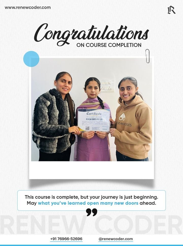 Renew Coder student 14 receiving a computer course completion certificate in Batala, Punjab