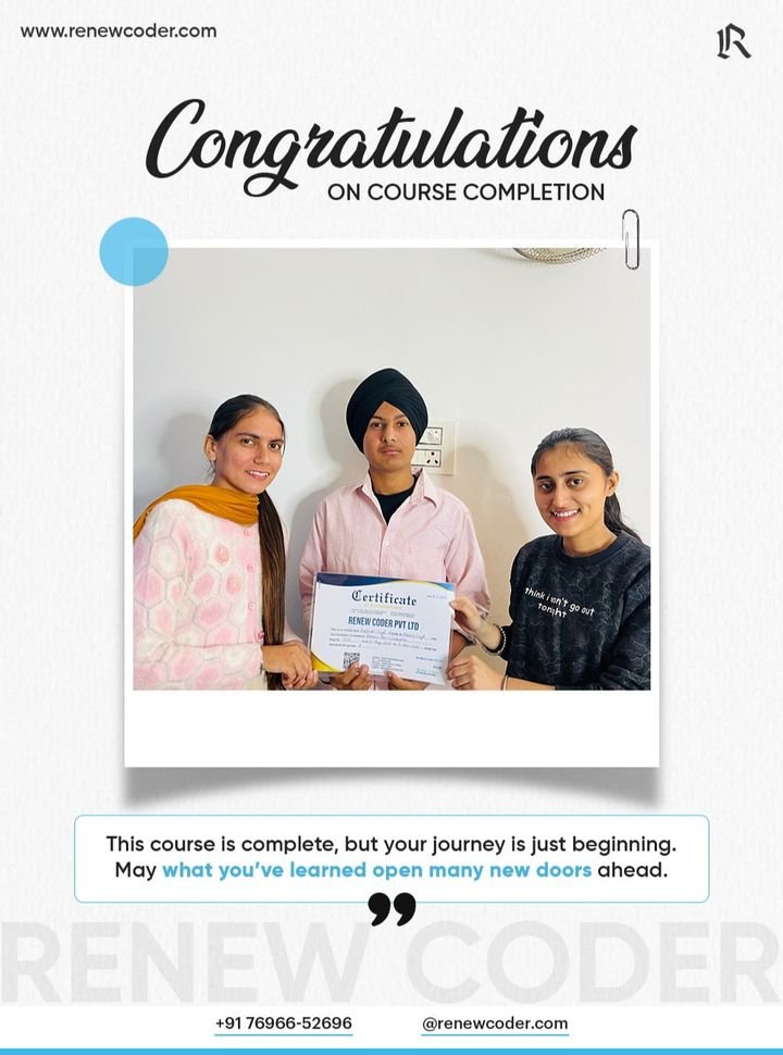 Renew Coder student 15 receiving a computer course completion certificate in Batala, Punjab