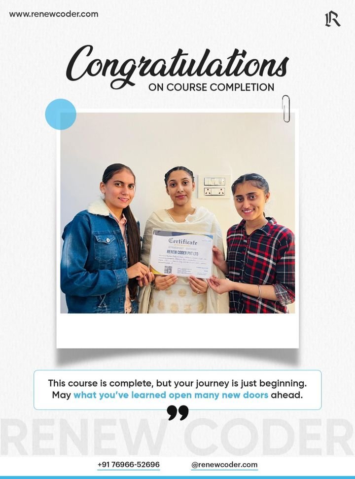 Renew Coder student 16 receiving a computer course completion certificate in Batala, Punjab