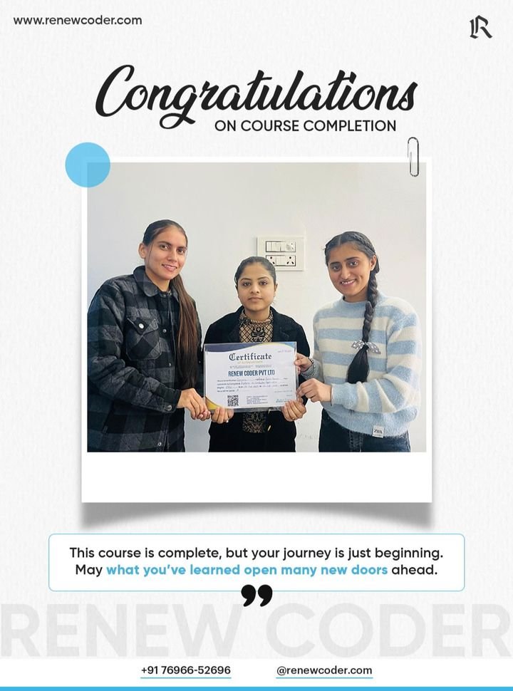 Renew Coder student 17 receiving a computer course completion certificate in Batala, Punjab