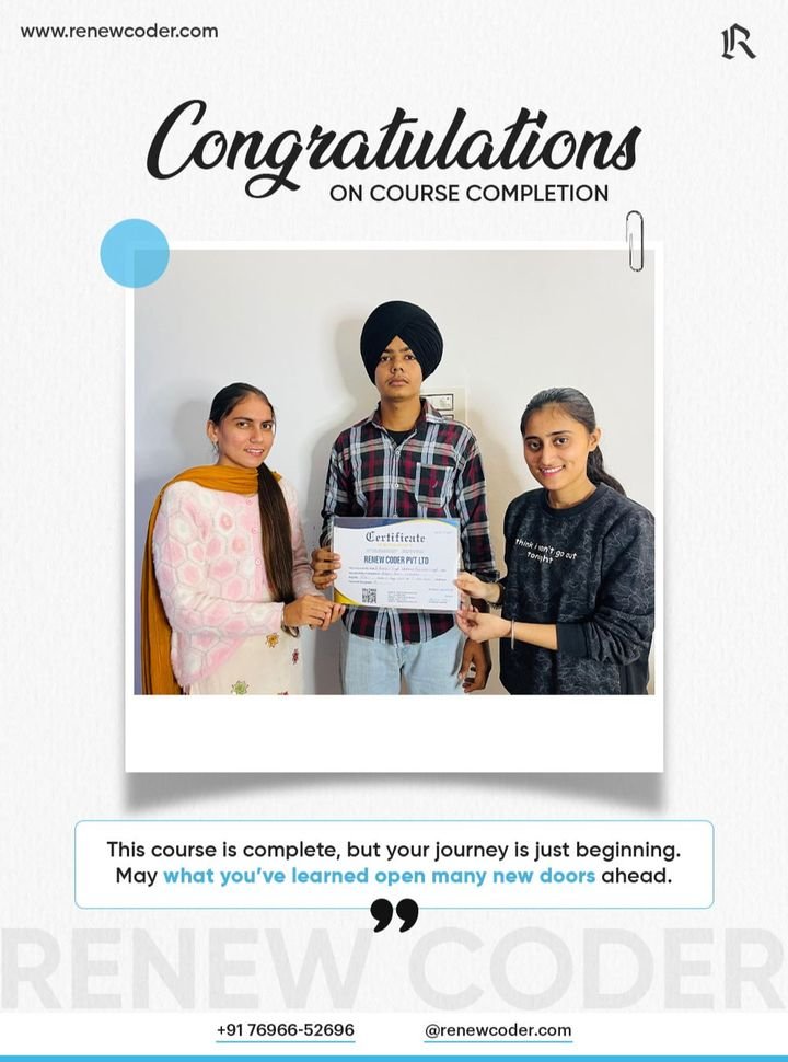 Renew Coder student 18 receiving a computer course completion certificate in Batala, Punjab