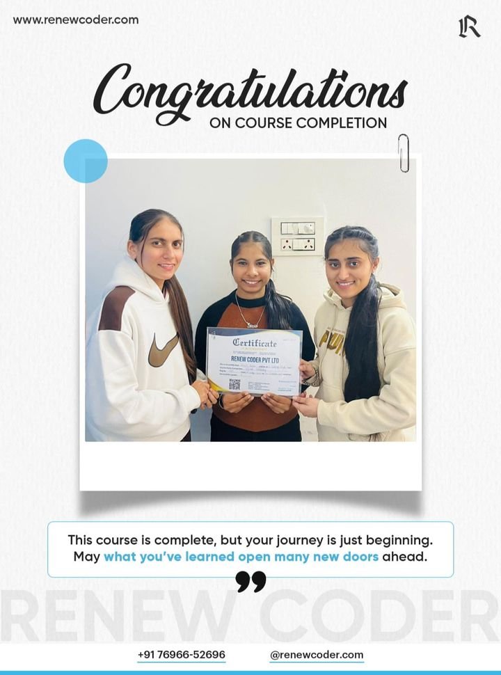 Renew Coder student 19 receiving a computer course completion certificate in Batala, Punjab