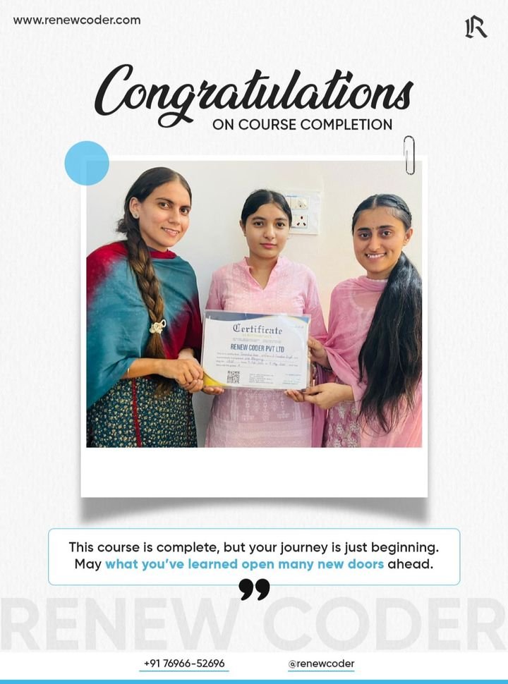 Renew Coder student 2 receiving a computer course completion certificate in Batala, Punjab