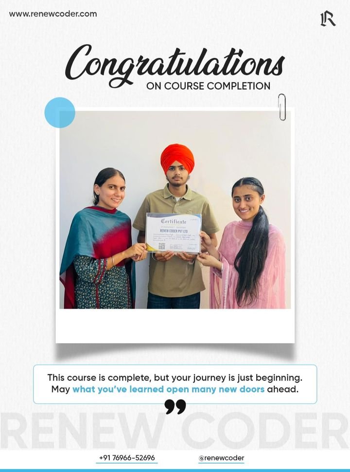 Renew Coder student 3 receiving a computer course completion certificate in Batala, Punjab