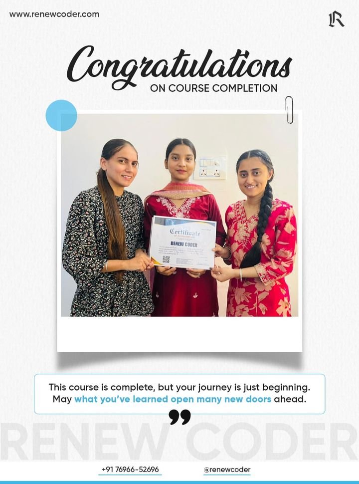 Renew Coder student 5 receiving a computer course completion certificate in Batala, Punjab
