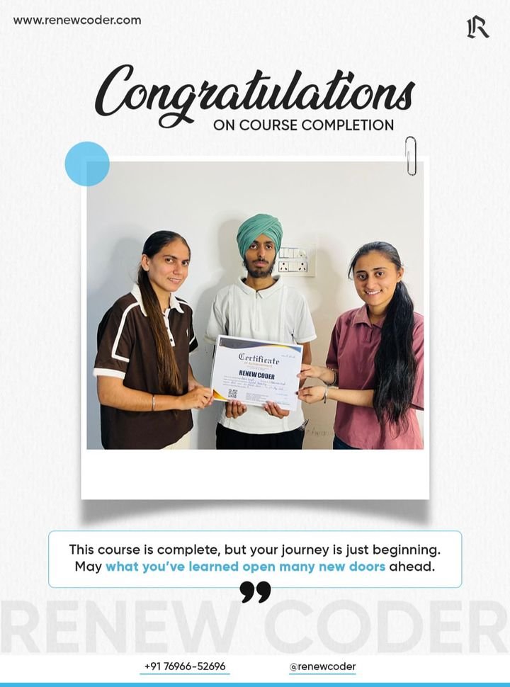 Renew Coder student 6 receiving a computer course completion certificate in Batala, Punjab