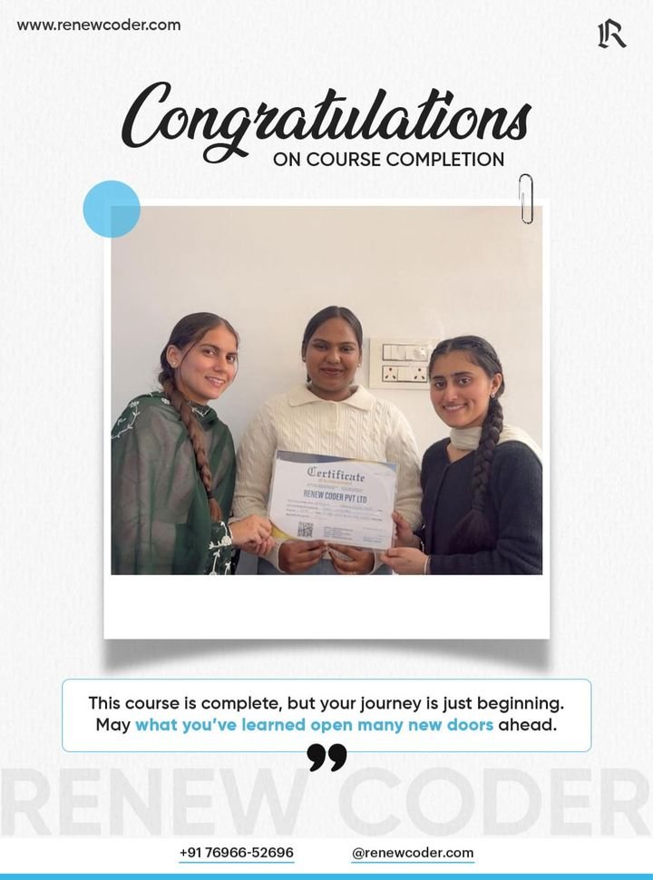 Renew Coder student 7 receiving a computer course completion certificate in Batala, Punjab