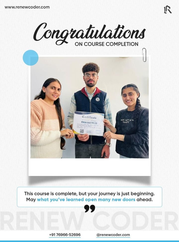 Renew Coder student 8 receiving a computer course completion certificate in Batala, Punjab