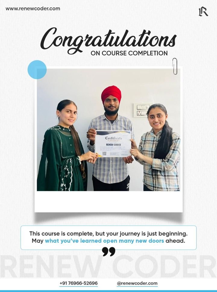 Renew Coder student 9 receiving a computer course completion certificate in Batala, Punjab